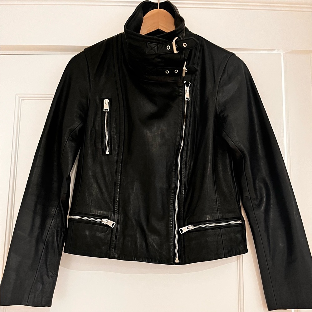 All Saints Black Leather Jacket, US 4